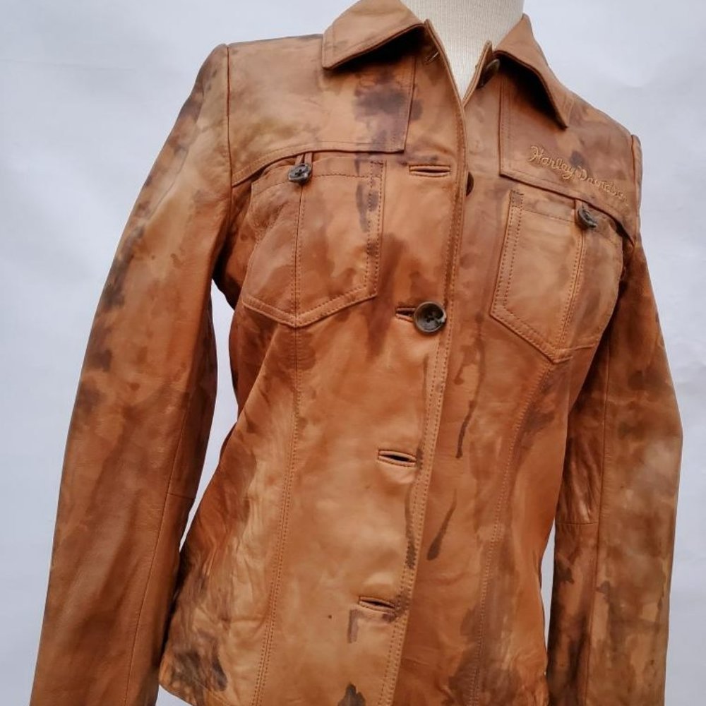Harley Leather Motorcycle Jacket cowgirl brown tan black biker tiedyed 4 6 small - Picture 3 of 7